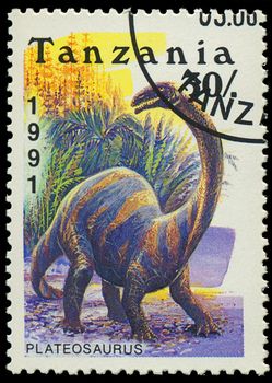 TANZANIA - CIRCA 1991: A stamp printed in Tanzania shows Plateosaurus, circa 1991