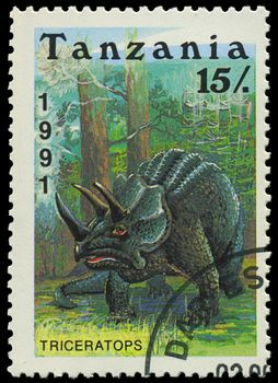 TANZANIA - CIRCA 1991: A stamp printed in Tanzania shows Triceratops, circa 1991