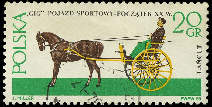 POLAND - CIRCA 1965: a stamp printed in Poland showing horses drawing carriage, circa 1965