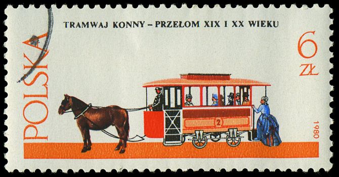 POLAND - CIRCA 1980: a stamp printed in Poland, show  antique horse tram and a coachman, circa 1980