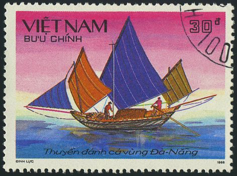 VIETNAM - CIRCA 1988: a stamp printed by VIETNAM shows image of a sailing ship, series, circa 1988