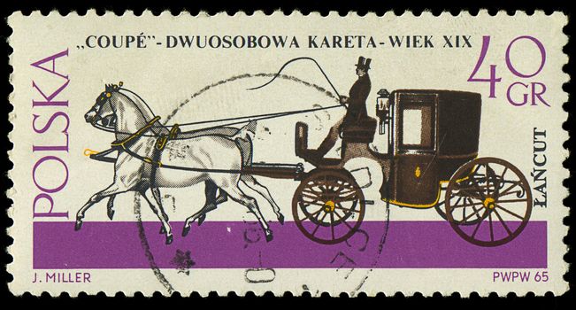 POLAND - CIRCA 1965: A stamp printed in Poland shows Horse-drawn Carriage with the inscription "Coupe, XIX century" from the series "Horse-drawn Carriages, Lancut Museum", circa 1965