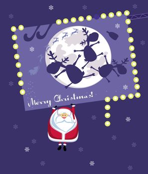Comic Santa hanging on Christmas billboard. Vector illustration