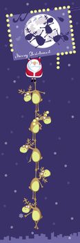 Santa with rein deers hanging on Christmas billboard. Vector illustration