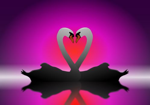 Romantic concept illustration depicting two mirrored swans forming a heart shape against red and purple background and reflecting into foreground.
