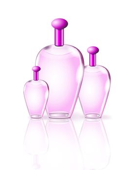 Illustrated pink perfume bottles arranged with white background and reflecting into the foreground.
