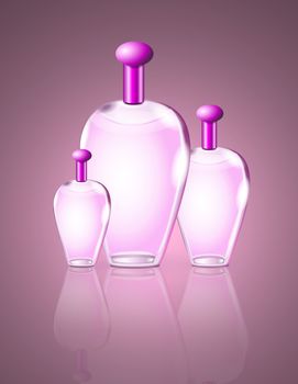 Illustrated pink perfume bottles arranged with dark pink glow background and reflecting into the foreground.