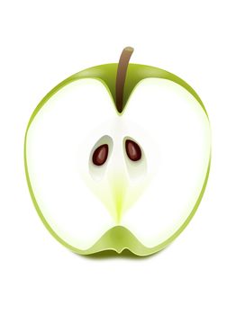Illustration depicting a fresh green apple half arranged over white.