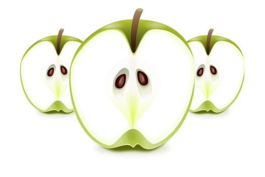 Illustration depicting three fresh apple halves arranged horizontally over white.