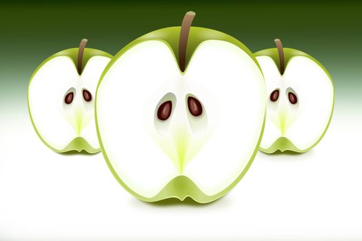 Illustration depicting three fresh apple halves arranged horizontally over dark green background with white foreground..