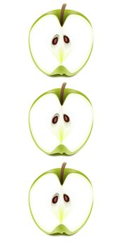 Illustration depicting three fresh apple halves arranged vertically over white.
