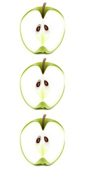 Illustration depicting three fresh apple halves arranged vertically over white.