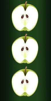 Illustration depicting three fresh apple halves arranged vertically over dark green background.