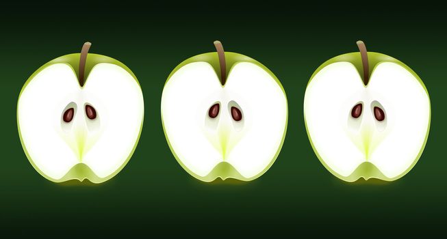Illustration depicting three fresh apple halves arranged horizontally over dark green background.