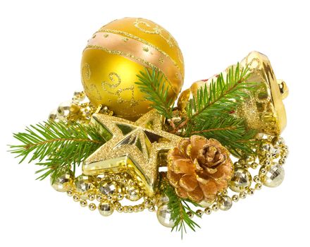 golden christmas decorations, isolated on white