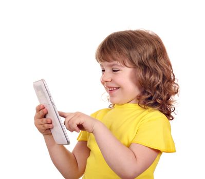 beautiful little girl play with tablet pc portrait