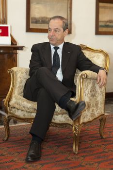 OPM, AUBERGE DE CASTILLE, VALLETTA, MALTA - MAY 12 - The Prime Minister of Malta, Dr. Lawrence Gonzi, with reporters from The Report Company in partnership with of Guardian News and Media UK on 12 May 2011.