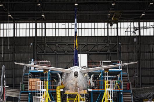 LUQA, MALTA - 27 JUL - Works being carried out inside the Lufthansa Technik hangar on a Lufthansa aircraft
