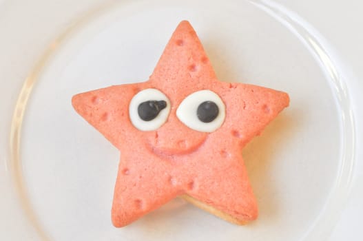 Home made star shaped strawberry and vanilla chocolate cookie in a dish