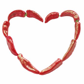 Heart shaped red hot chili pepper chain - isolated over white background
