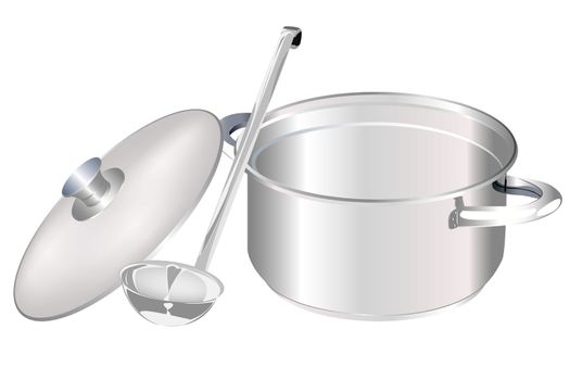 Saucepan and big spoon on a white background