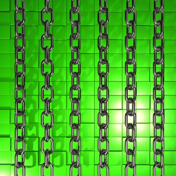 metal chains on green cubes background - 3d illustration