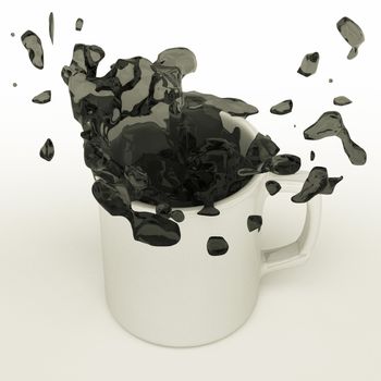 spilled coffee from a dropping mug with splash, 3d render.