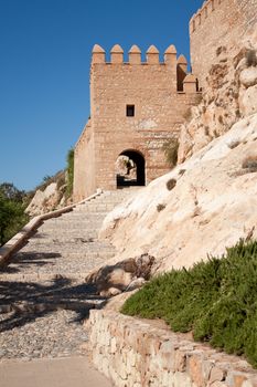 Entrance and exterior walls of the Alcazaba of Almeria, moorish fortress dating from the 10th century.