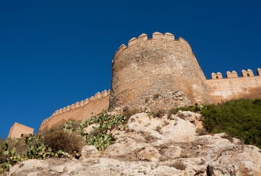 Embattled wall in the Alcazaba of Almeria, medieval moorish fortress dating from the 10th century.