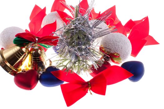 Christmas baubles and other decorations on a white background