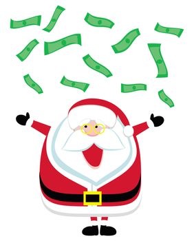 Cartoon Santa catching  falling dollar bills. Vector illustration