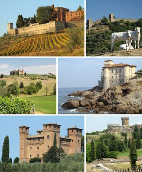 collage with tuscan castles in scenic landscape, Italy, Europe