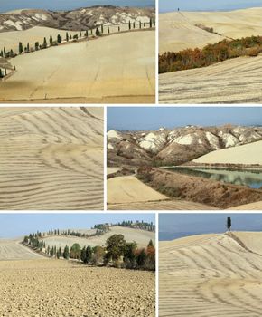 collage with arid landscape in Tuscany called Crete Senesi or  Accona desert, Italy, Europe