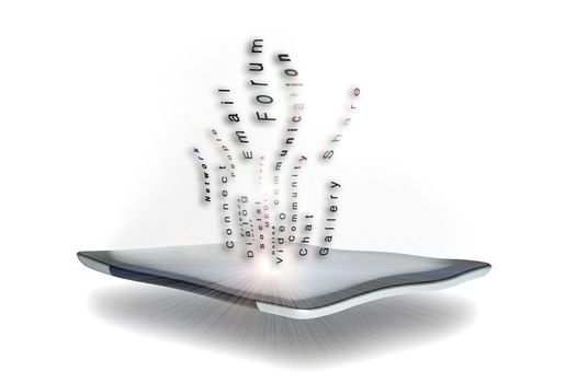 Conceptual image of using a tablet computer for multimedia sharing of information and social networking with text words being emitted from the screen detailing its various functions