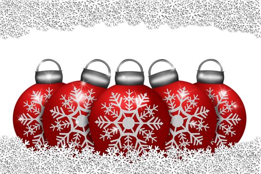 Five Red Ornaments Sitting on Snow with Snowflakes Border Illustration