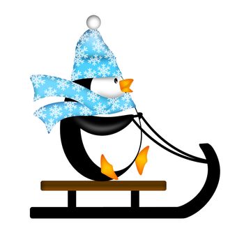 Cute Penguin with Christmas Snowflakes Scarf Riding on Sled Illustration Isolated on White Background