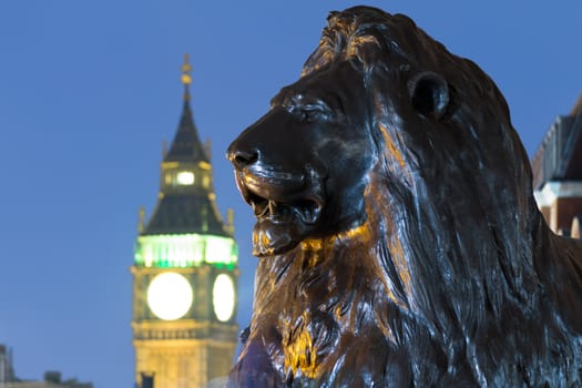 Lion sculpture at Nelson's Column Memorial, Trafalgar Square with Big Ben in the background. London, UK