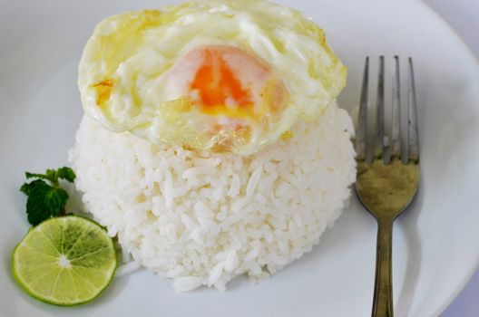 a delicious  fried egg  on steamed rice
