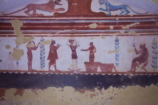 Tarquinia, Italy, around 470 B.C. Via a narrow corridor leading downstair one has access to the rectangular burial room with a sloping ceiling