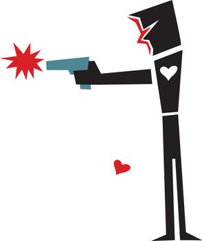 Abstract person with gun and missing heart over white background