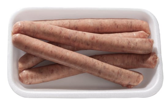 Raw bavarian sausages in the foam tray