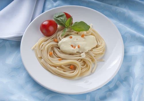 Spaghetti with cheese cream sauce, tomatoes and basil on the white palte