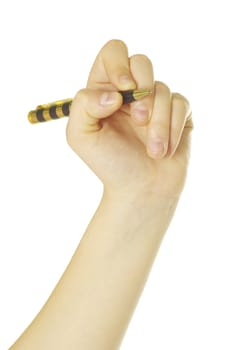 Pen in woman hand isolated on white background 