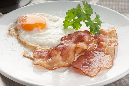Fried egg with two pieces of bacon and parsley on the white plate