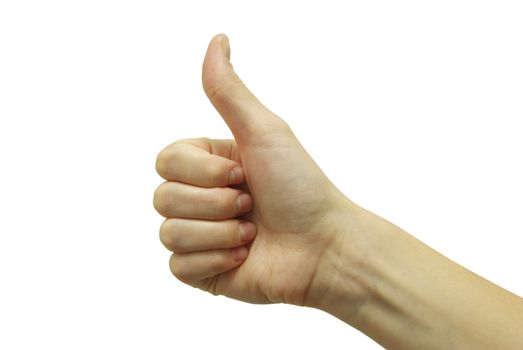 Womans hand with thumb up ok signal
