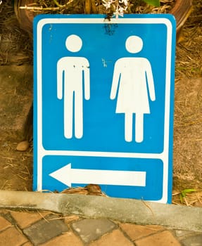 Male and female toilets sign. Placed on the ground near the tree.