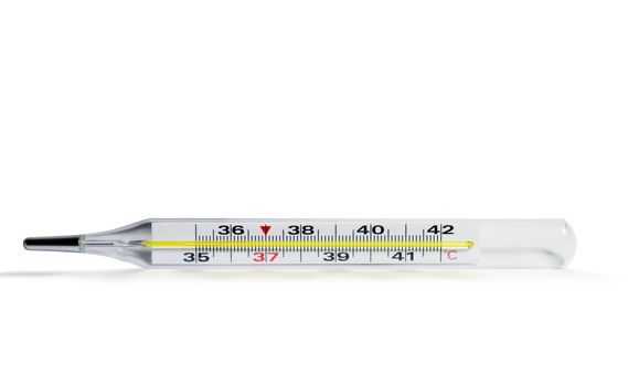 The medical thermometer (isolated on a white background) with reflection on a surface