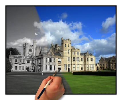 The building is a top school in the UK. The hand appears to be painting the photo.