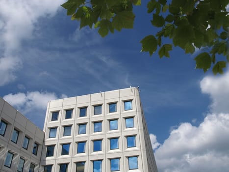 A upward shot of a modern office building.