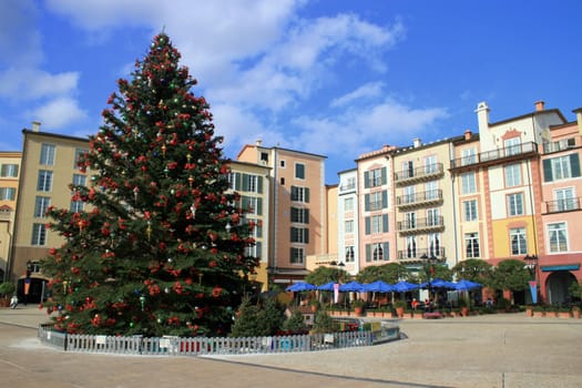 A hotel with a big christmas tree